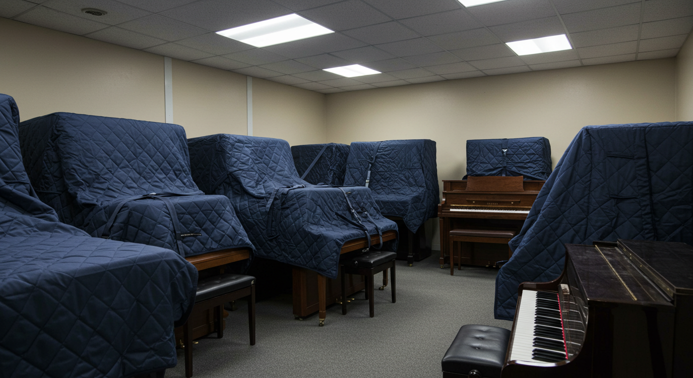 A grand piano in a secure, climate-controlled storage facility